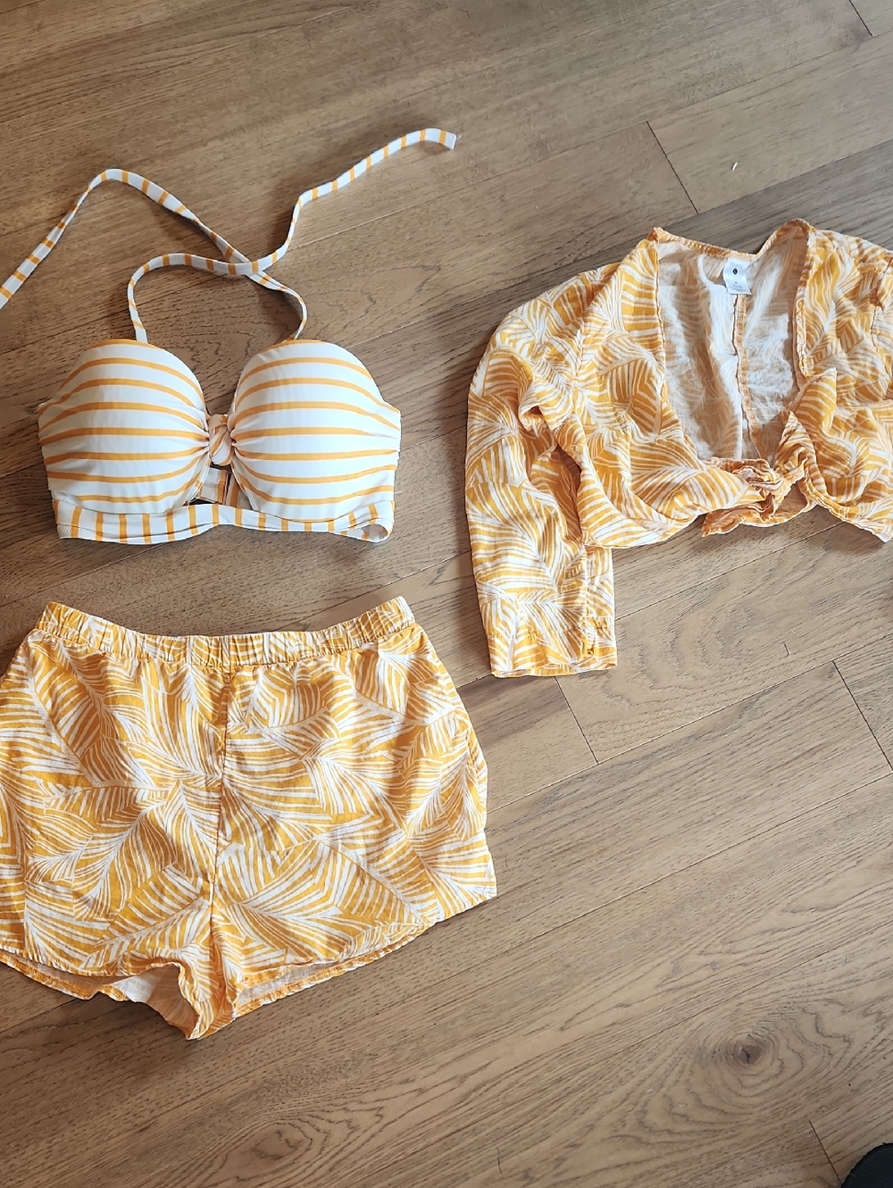Shade & Shore Yellow Striped Bandeau Bikini Top with Printed Cover-Up Set